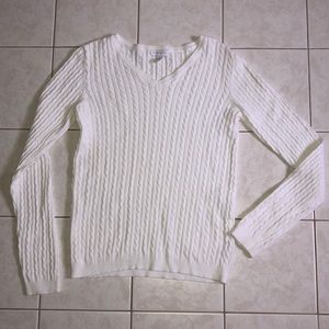 White V Neck Cable Knit Sweater